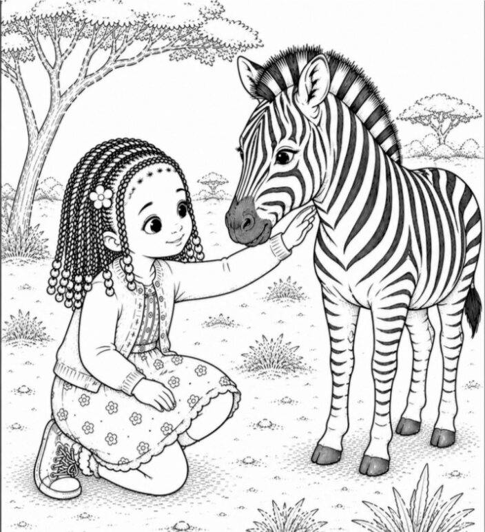 Ausmalbild: Niala kniet in der Savanne und streichelt ein Zebra