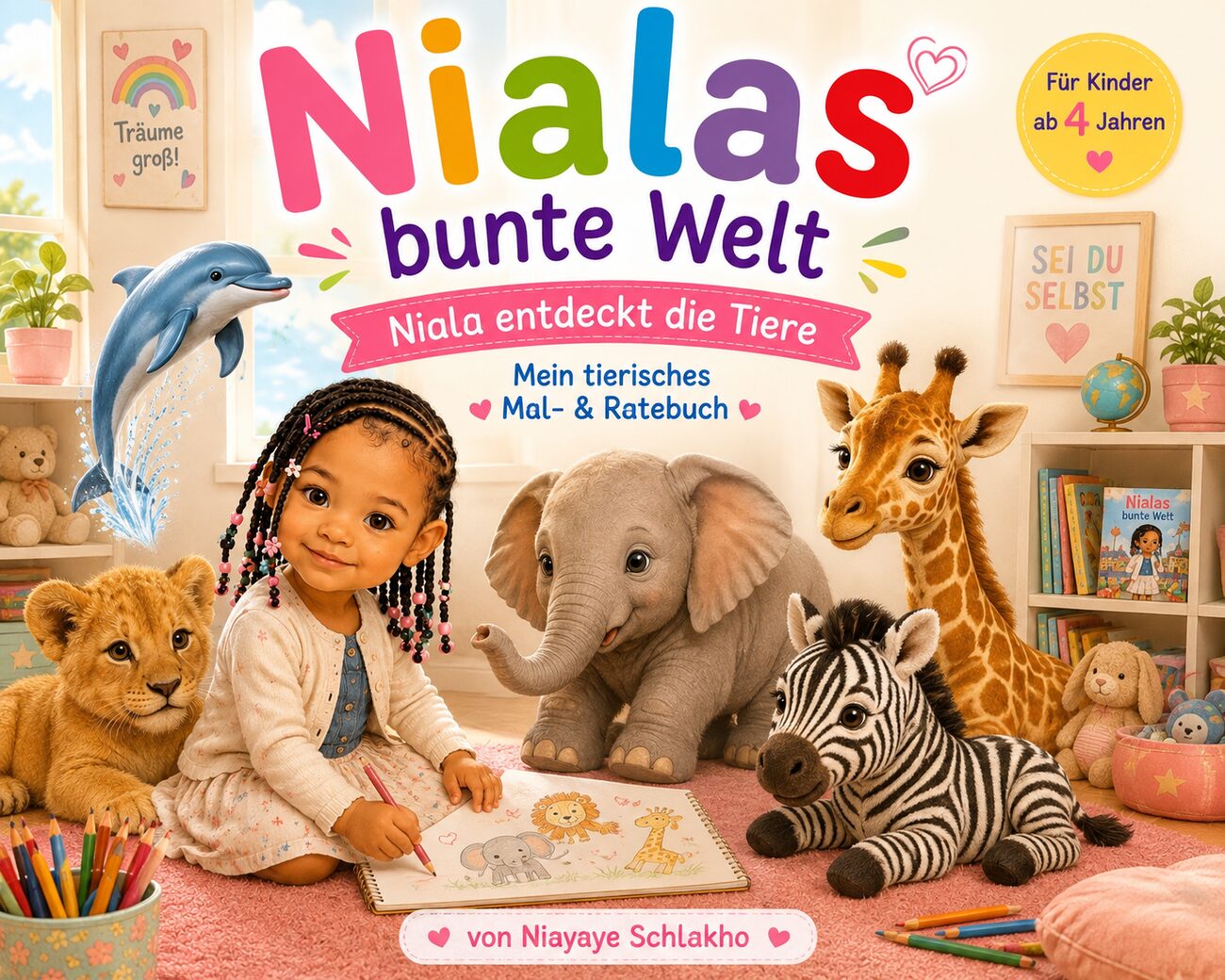 Werbebild für „Niala entdeckt die Tiere“: Niala malt im Kinderzimmer, umgeben von Löwe, Elefant, Zebra, Giraffe und Delfin