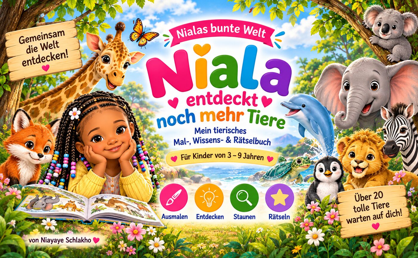 Niala mit Giraffe, Fuchs, Elefant, Delfin, Pinguin, Löwe und Zebra: Werbebild für „Niala entdeckt noch mehr Tiere“
